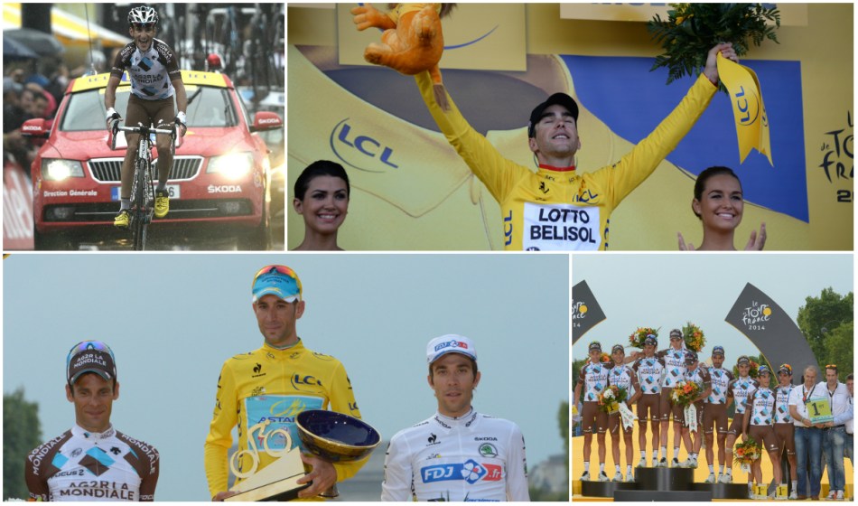 Blel Kadri, Tony Gallopin, le podium du Tour avec les Français Jeau-Cristophe Peraud et Thibaut Pinot (maillot blanc), l'équipe AG2R La Mondiale